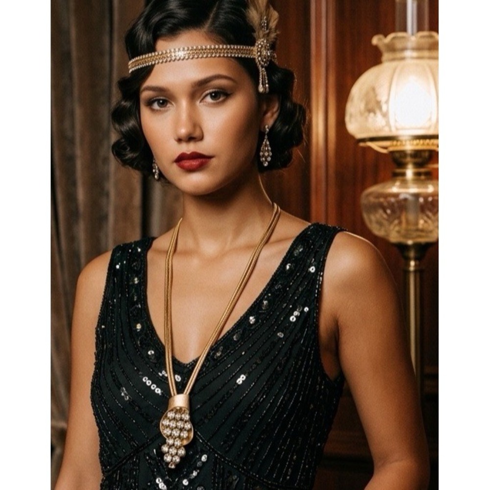 Vintage Dazzling Gold Tone Flapper Art Deco Rhinestone NECKLACE LETS DANCE
